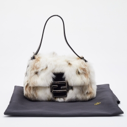 Fendi White/Brown Rabbit Fur Baguette Bag