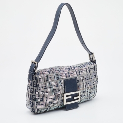Fendi Navy Blue Fabric Zucchino Crystal Embellished Baguette