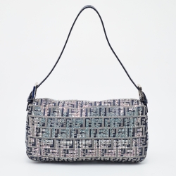 Fendi Navy Blue Fabric Zucchino Crystal Embellished Baguette