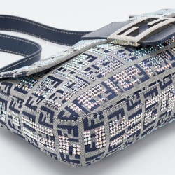 Fendi Navy Blue Fabric Zucchino Crystal Embellished Baguette