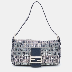 Fendi Navy Blue Fabric Zucchino Crystal Embellished Baguette