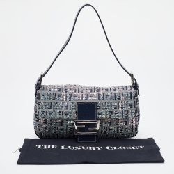 Fendi Navy Blue Fabric Zucchino Crystal Embellished Baguette