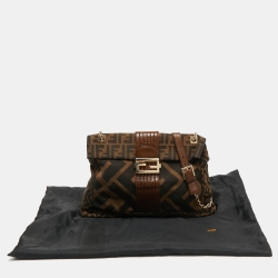 Fendi Tobacco Zucca Canvas and Leather Maxi Baguette Flap Shoulder Bag