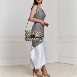 Pre Owned Fendi Beige/Black Zucca Jacquard Fabric Mia Flap Bag