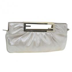 Pre Owned Fendi Gold Leather Logo Clutch