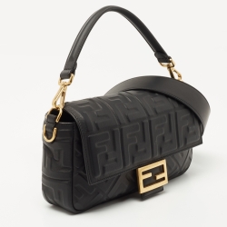 Fendi Black Zucca Embossed Leather Medium Baguette Bag
