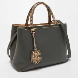 Pre Owned Fendi Dark Green/Cream Leather and Python Petite Limited Edition 1/1 2Jours Tote 