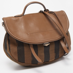 Pre Owned Fendi Tobacco Stripe Canvas and Leather Saddle Top Handle Bag