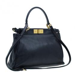 Pre Owned Fendi Black Calfskin Leather Small Peekaboo Tote