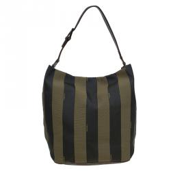 Pre Owned Fendi Tobacco Pequin Canvas Hobo
