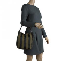 Pre Owned Fendi Tobacco Pequin Canvas Hobo