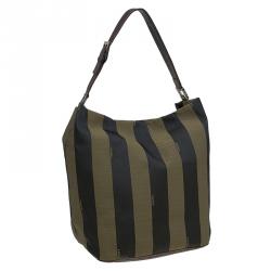 Pre Owned Fendi Tobacco Pequin Canvas Hobo