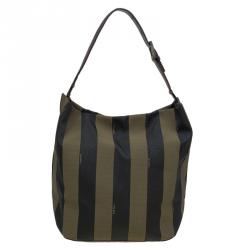 Pre Owned Fendi Tobacco Pequin Canvas Hobo