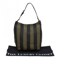 Pre Owned Fendi Tobacco Pequin Canvas Hobo