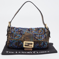 Fendi Tobacco Zucca Canvas Bead Embellished Baguette Bag