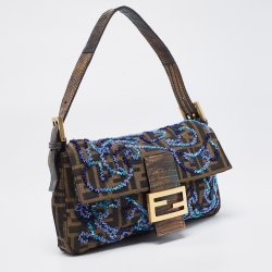 Fendi Tobacco Zucca Canvas Bead Embellished Baguette Bag