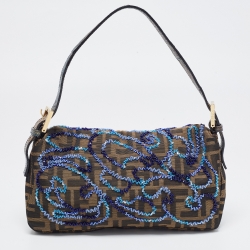 Fendi Tobacco Zucca Canvas Bead Embellished Baguette Bag
