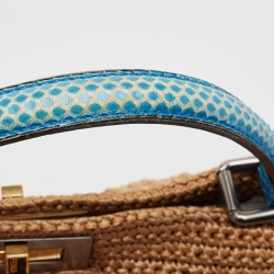 Pre Owned Fendi Beige/Blue Raffia and Watersnake Large Peekaboo Top Handle Bag