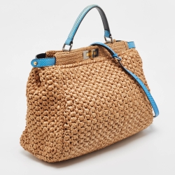 Pre Owned Fendi Beige/Blue Raffia and Watersnake Large Peekaboo Top Handle Bag