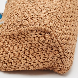 Pre Owned Fendi Beige/Blue Raffia and Watersnake Large Peekaboo Top Handle Bag