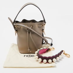 Pre Owned Fendi Grey Leather Mini Mon Tresor Drawstring Bucket Bag