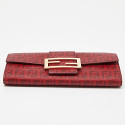 Pre Owned Fendi Red Zucca Coated Canvas Flap Continental Wallet