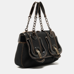 Pre Owned Fendi Black Patent Leather and Canvas B Shoulder Bag