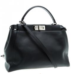 Pre Owned Fendi Black Leather Medium Peekaboo Top Handle Bag
