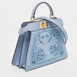 Pre Owned Fendi Light Blue Lasercut Leather Small Peekaboo ISeeU Top Handle Bag