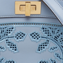 Pre Owned Fendi Light Blue Lasercut Leather Small Peekaboo ISeeU Top Handle Bag