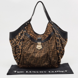 Pre Owned Fendi Tobacco Zucca and Leopard Print Canvas and Leather Large Borsa Chef Hobo