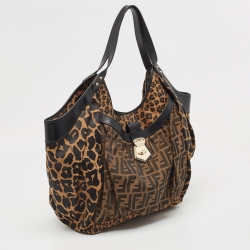 Pre Owned Fendi Tobacco Zucca and Leopard Print Canvas and Leather Large Borsa Chef Hobo