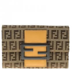 Pre Owned Fendi Beige/Peach Zucchino Canvas Compact Wallet
