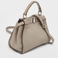Pre Owned Fendi Beige Selleria Leather and Water Snake Handle Mini Peekaboo Top Handle Bag