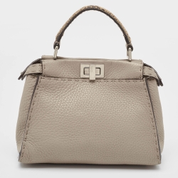 Pre Owned Fendi Beige Selleria Leather and Water Snake Handle Mini Peekaboo Top Handle Bag