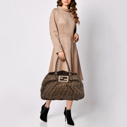 Pre Owned Fendi Tobacco Zucca Canvas and Patent Leather Large Mia Hobo