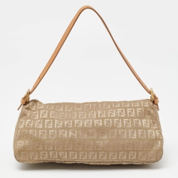 Pre Owned Fendi Beige Zucchino Canvas and Leather Baguette Bag