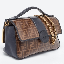 Pre Owned Fendi Black/Tobacco Zucca Coated Canvas and Leather Double F Top Handle Bag