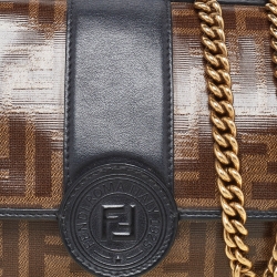 Pre Owned Fendi Black/Tobacco Zucca Coated Canvas and Leather Double F Top Handle Bag