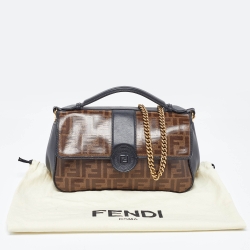 Pre Owned Fendi Black/Tobacco Zucca Coated Canvas and Leather Double F Top Handle Bag