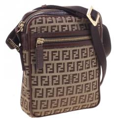 Pre Owned Fendi Brown Zucchino Canvas Crossbody Bag