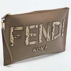 Pre Owned Fendi Beige Leather and Python Embossed Leather Roma Flat Wristlet Pouch