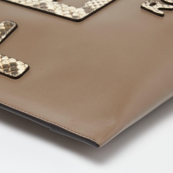 Pre Owned Fendi Beige Leather and Python Embossed Leather Roma Flat Wristlet Pouch
