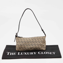 Pre Owned Fendi Black/Ivory Zucchino Fabric and Leather Pochette Bag
