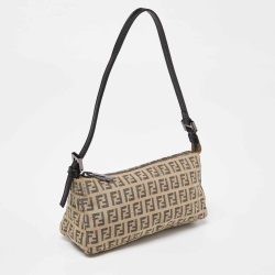 Pre Owned Fendi Black/Ivory Zucchino Fabric and Leather Pochette Bag