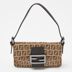 Fendi Fatigue Beige/Brown Zucchino Canvas and Leather Baguette Bag