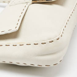 Pre Owned Fendi White Selleria Leather Flap Baguette Bag