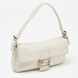 Pre Owned Fendi White Selleria Leather Flap Baguette Bag