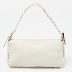 Pre Owned Fendi White Selleria Leather Flap Baguette Bag