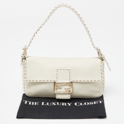 Pre Owned Fendi White Selleria Leather Flap Baguette Bag